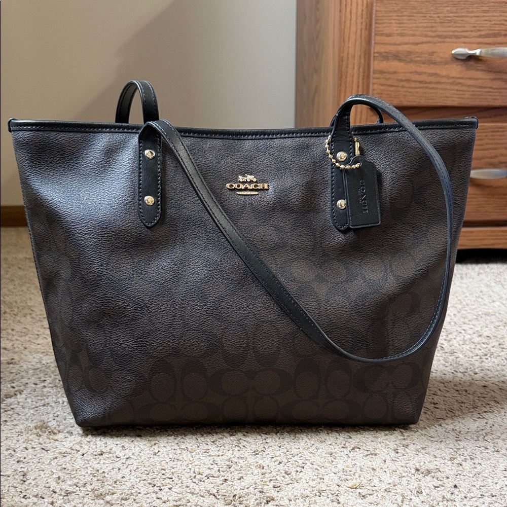 Coach Dark Brown/Black Signature Tote with Gold Hardware